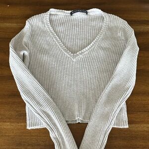 Brandy Melville Light Gray Ribbed V-Neck Sweater